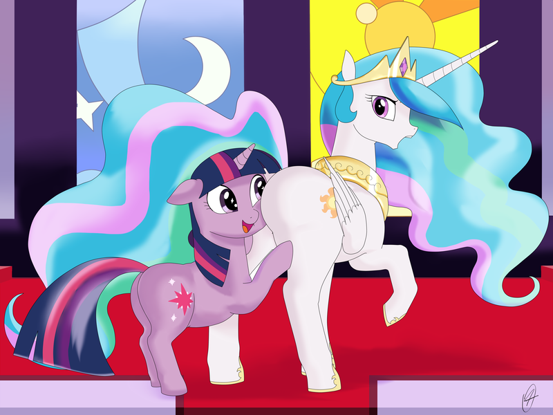 Size: 4160x3120 | Tagged: suggestive, artist:aerthmanolo, derpibooru import, princess celestia, twilight sparkle, alicorn, unicorn, butt, castle, cutie mark, featureless crotch, female, females only, floppy ears, hooves, implied shipping, lesbian, mare, open mouth, plot, praise the sun, rear view, shipping, sunbutt, tell me your secrets, twilestia, unicorn twilight, wide eyes