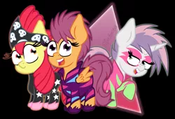 Size: 2200x1500 | Tagged: safe, artist:puperhamster, derpibooru import, apple bloom, scootaloo, sweetie belle, earth pony, pegasus, pony, unicorn, the show stoppers, abstract background, adorabloom, alternate hairstyle, clothes, cute, cutealoo, cutie mark crusaders, diasweetes, female, females only, filly, show stopper outfits, trio