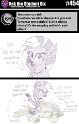 Size: 800x1258 | Tagged: 2 panel comic, artist:sintakhra, ask, brother and sister, classical hippogriff, comic, derpibooru import, female, hippogriff, jewelry, looking at each other, looking at you, male, necklace, safe, siblings, silverstream, sitting, sitting on person, stair keychain, terramar, terramar is not amused, tumblr:studentsix, unamused