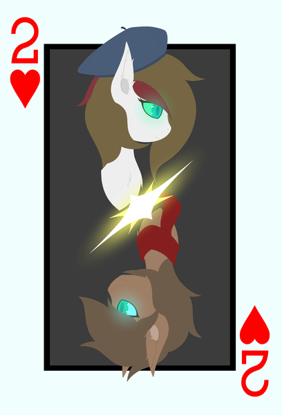 Size: 3400x5000 | Tagged: alien, alien pony, artist:pam-sparky, beret, derpibooru import, glow, glowing eyes, hat, heart, lineless art, oc, oc:arqui, oc:lev, playing card, safe