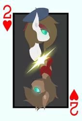 Size: 3400x5000 | Tagged: alien, alien pony, artist:pam-sparky, beret, derpibooru import, glow, glowing eyes, hat, heart, lineless art, oc, oc:arqui, oc:lev, playing card, safe