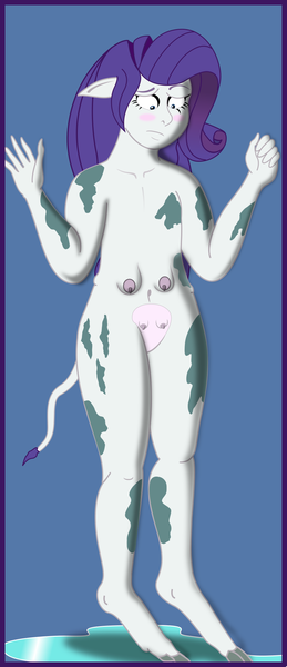 Size: 900x2087 | Tagged: questionable, artist:physicrodrigo, derpibooru import, part of a set, rarity, anthro, cow, human, unguligrade anthro, equestria girls, belly button, blue background, blush sticker, blushing, breast reduction, breasts, chubbity, chubby, cloven hooves, confused, cow ears, cow tail, crotchboobs, embarrassed, female, floppy ears, hands up, hip expansion, human to anthro, long nipples, looking at self, love handles, misplaced boobs, nipples, nudity, part of a series, puddle, raricow, scared, shrunken pupils, simple background, small breasts, solo, solo female, species swap, spots, standing, story included, tail, teats, thighs, transformation, transformation sequence, udder, weight gain, weight gain sequence, wide eyes