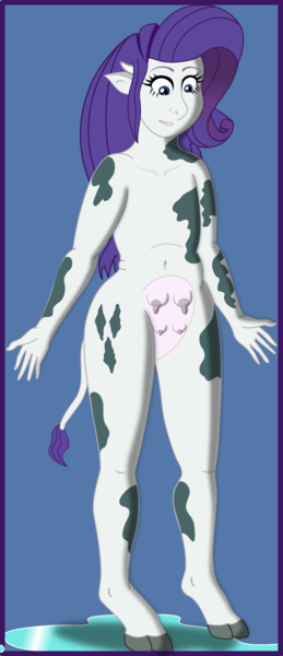 Size: 900x2087 | Tagged: questionable, artist:physicrodrigo, derpibooru import, part of a set, rarity, anthro, cow, unguligrade anthro, equestria girls, belly button, blue background, chubbity, chubby, cloven hooves, cow horns, cow tail, crotchboobs, female, hip expansion, human to anthro, looking at self, love handles, nudity, part of a series, puddle, raricow, simple background, smiling, solo, solo female, species swap, spots, standing, story included, tail, teats, thighs, transformation, transformation sequence, udder, weight gain, weight gain sequence, wide hips