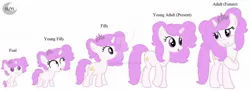 Size: 1920x699 | Tagged: safe, artist:princesslunayay, derpibooru import, princess celestia, alicorn, pony, unicorn, adult, age progression, alternate hairstyle, alternate universe, baby, base used, celestiaverse, deviantart, deviantart watermark, female, filly, foal, jewelry, logo, mare, obtrusive watermark, pigtails, pink-mane celestia, race swap, simple background, solo, tiara, unicorn celestia, watermark, white background, young, young mare