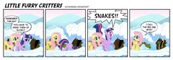 Size: 2000x692 | Tagged: safe, artist:alfourman, derpibooru import, edit, edited screencap, screencap, fluttershy, twilight sparkle, pegasus, pony, snake, unicorn, winter wrap up, burrow, comic, open mouth, reference, scared, screencap comic, simpsons did it, smiling, snow, speech bubble, the simpsons, unicorn twilight, wide eyes