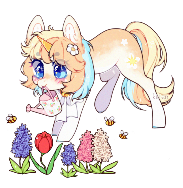 Size: 1129x1159 | Tagged: safe, artist:kitten-in-the-jar, derpibooru import, oc, oc:soleil, bee, insect, unicorn, female, flower, mare, mouth hold, simple background, solo, transparent background, watering can