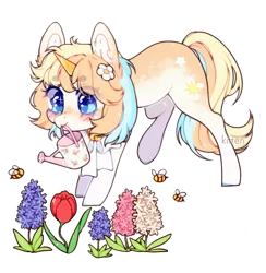 Size: 1129x1159 | Tagged: safe, artist:kitten-in-the-jar, derpibooru import, oc, oc:soleil, bee, insect, unicorn, female, flower, mare, mouth hold, simple background, solo, transparent background, watering can