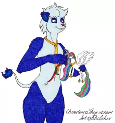 Size: 1483x1585 | Tagged: safe, artist:konstantin-kholchev, derpibooru import, discord, princess celestia, oc, oc:stepanda, anthro, bear, panda, crappy art, dislestia, female, furry, furry oc, lip bite, male, meme, necktie, now kiss, shipping, straight, toy, traditional art