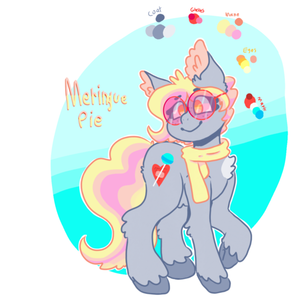 Size: 1200x1200 | Tagged: safe, artist:uwus, derpibooru import, oc, oc:meringue pie, earth pony, pony, chest fluff, chubby, clothes, freckles, full body, glasses, next generation, parents:derpypie, reference, scarf, smiling, solo, unshorn fetlocks