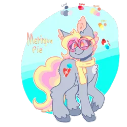 Size: 1200x1200 | Tagged: safe, artist:uwus, derpibooru import, oc, oc:meringue pie, earth pony, pony, chest fluff, chubby, clothes, freckles, full body, glasses, next generation, parents:derpypie, reference, scarf, smiling, solo, unshorn fetlocks
