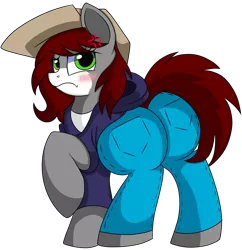 Size: 5900x6100 | Tagged: safe, artist:rainbowtashie, author:bigonionbean, derpibooru import, oc, oc:khaki-cap, unofficial characters only, pony, blushing, butt, clothes, commissioner:bigonionbean, embarrassed, extra thicc, female, flank, hat, hoodie, jean thicc, mare, pants, plot, rule 63, shirt, simple background, solo, thicc ass, transparent background