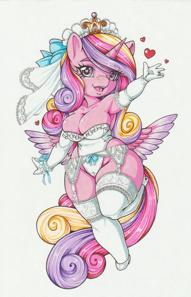 Size: 967x1501 | Tagged: suggestive, artist:longinius, derpibooru import, princess cadance, alicorn, anthro, adorasexy, bow, breasts, bride, chibi, chubby, cleavage, clothes, crown, cupidance, cute, cutedance, engagement ring, female, garter belt, garters, gloves, heart, heart eyes, high heels, horn, jewelry, lingerie, long gloves, mare, milf, multicolored hair, plump, regalia, ring, sexy, shoes, simple background, socks, solo, spread wings, stockings, thigh highs, traditional art, veil, wingding eyes, wings