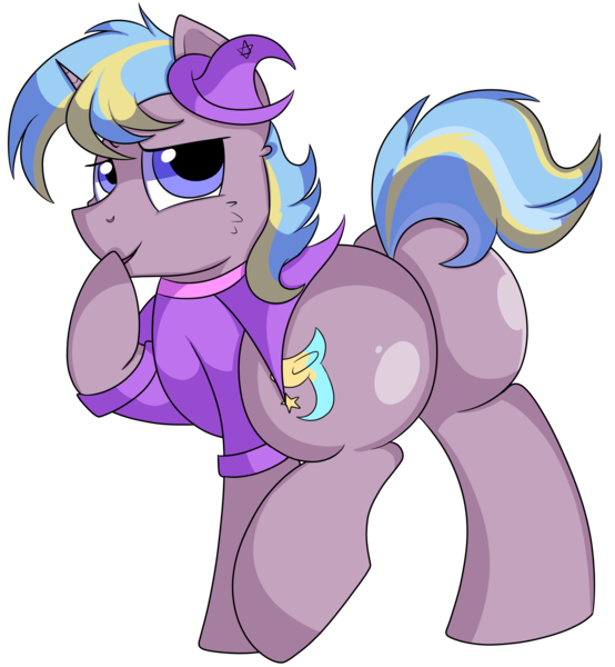 Size: 4800x5200 | Tagged: safe, artist:rainbowtashie, author:bigonionbean, derpibooru import, ms. harshwhinny, trixie, oc, oc:strict talent, earth pony, pony, unicorn, butt, clothes, commissioner:bigonionbean, cutie mark, dummy thicc, extra thicc, flank, fusion, fusion:strict talent, hat, male, plot, rule 63, simple background, stallion, transparent background