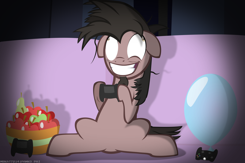 Size: 4724x3150 | Tagged: safe, artist:mrkat7214, derpibooru import, oc, oc:ace play, unofficial characters only, earth pony, pony, apple, balloon, controller, couch, crazy face, creepy, creepy grin, creepy smile, derp, eye twitch, facial hair, faic, floppy ears, food, goatee, grin, high res, hoof hold, insanity, lonely, male, messy mane, pear, sad, show accurate, smiling, solo, stallion