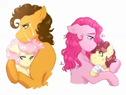 Size: 1280x960 | Tagged: safe, artist:vennyredmoon, deleted from derpibooru, derpibooru import, cheese sandwich, li'l cheese, pinkie pie, oc, oc:macaroni, pony, the last problem, crying, divorce, hug, offspring, parent:cheese sandwich, parent:pinkie pie, parents:cheesepie, pinkamena diane pie, simple background, white background