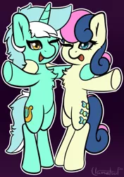 Size: 841x1197 | Tagged: safe, artist:llametsul, derpibooru import, bon bon, lyra heartstrings, sweetie drops, earth pony, pony, unicorn, atg 2020, chest fluff, couple, cutie mark, female, hug, lesbian, looking at you, lyrabon, mare, newbie artist training grounds, one eye closed, open mouth, shipping, simple background, smiling, wink, winking at you