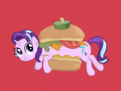 Size: 4032x3024 | Tagged: safe, artist:background basset, derpibooru import, starlight glimmer, unicorn, borgarposting, burger, food, long glimmer, long pony, ponies in food, simple background, solo