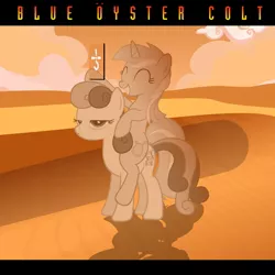 Size: 1280x1280 | Tagged: safe, artist:grapefruitface1, derpibooru import, bon bon, lyra heartstrings, sweetie drops, ponified, pony, album cover, blue oyster cult, desert, mirror, parody, ponies riding ponies, ponified album cover, riding