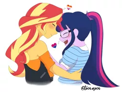 Size: 2584x1952 | Tagged: safe, artist:lilimani8, derpibooru import, sci-twi, sunset shimmer, twilight sparkle, equestria girls, equestria girls series, bisexual pride flag, blushing, clothes, eyes closed, female, glasses, happy, heart, leather vest, lesbian, lesbian pride flag, open mouth, ponytail, pride, pride flag, scitwishimmer, shipping, shirt, simple background, sunsetsparkle, white background