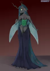 Size: 2480x3508 | Tagged: suggestive, artist:longtailshort, derpibooru import, queen chrysalis, anthro, changeling, changeling queen, blue dress, breasts, bugbutt, busty queen chrysalis, butt, clothes, dress, female, gown, looking back, open-back dress, rearboob, rear view, solo, solo female, undressing, wings