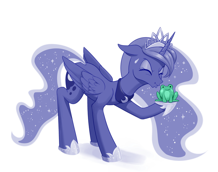 Size: 1280x1009 | Tagged: safe, artist:dstears, color edit, derpibooru import, edit, princess luna, alicorn, frog, pony, colored, crossover, crown, cute, digital art, eyes closed, female, floppy ears, jewelry, kissing, lunabetes, mare, newbie artist training grounds, puckered lips, regalia, simple background, sweat, sweatdrop, the princess and the frog