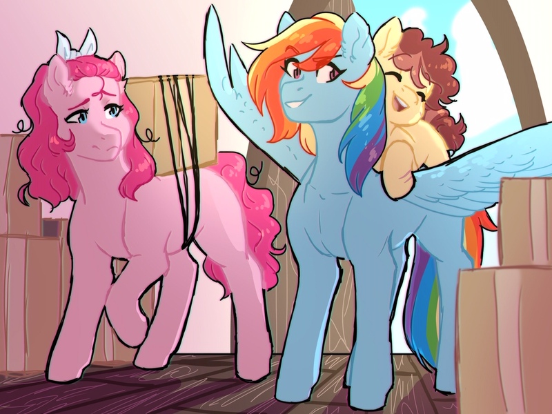 Size: 1280x960 | Tagged: safe, artist:vennyredmoon, deleted from derpibooru, derpibooru import, pinkie pie, rainbow dash, oc, oc:macaroni, earth pony, pegasus, pony, alternate hairstyle, colt, female, lesbian, male, offspring, parent:cheese sandwich, parent:pinkie pie, parents:cheesepie, pinkiedash, shipping