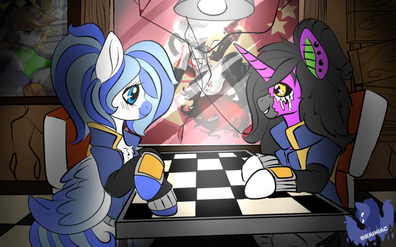 Size: 1920x1200 | Tagged: safe, artist:brainiac, derpibooru import, oc, oc:aki, oc:blackjack, oc:gladius, oc:littlepip, pegasus, unicorn, zebra, fallout equestria, fallout equestria: project horizons, bodypaint, clothes, commission, fake pony, fanfic art, piercing, vault suit