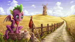 Size: 4098x2304 | Tagged: artist:rysunkowasucharia, bindle, cloud, derpibooru import, dragon, fence, field, flower, food, high res, male, mouse, path, rat, rock, safe, scenery, sitting, sky, solo, spike, sweet, windmill, winged spike