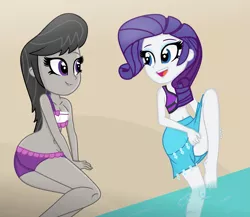 Size: 2483x2158 | Tagged: safe, artist:grapefruitface1, derpibooru import, octavia melody, rarity, equestria girls, base used, beach, clothes, duo, feet, female, lesbian, looking at each other, raritavia, seaside, shipping, swimsuit, water