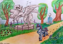 Size: 1078x756 | Tagged: artist needed, safe, derpibooru import, princess celestia, oc, oc:hellfire, alicorn, bird, peacock, pegasus, pony, blue fur, canterlot, fountain, garden, male, red eyes, stallion, statue, traditional art, tree, walking