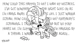 Size: 1200x675 | Tagged: artist:pony-berserker, derpibooru import, dropped ice cream, food, how could this happen to me, ice cream, ice cream cone, lyrics, marshmelodrama, monochrome, my little pony: pony life, obscured text, pony-berserker's twitter sketches, rarity, rarity being rarity, safe, simple plan, sketch, song reference, text, untitled (song)