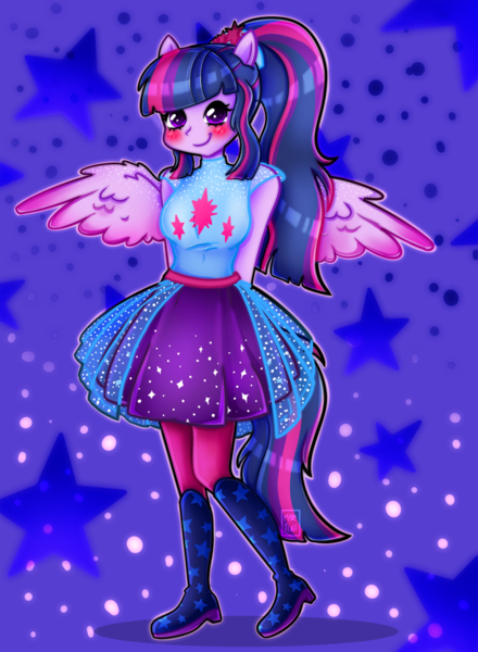 Size: 1100x1500 | Tagged: safe, artist:meqiopeach, derpibooru import, sci-twi, twilight sparkle, twilight sparkle (alicorn), alicorn, equestria girls, equestria girls series, blushing, clothes, looking at you, ponied up, ponytail, shoes, simple background, skirt, smiling, solo, spread wings, wings