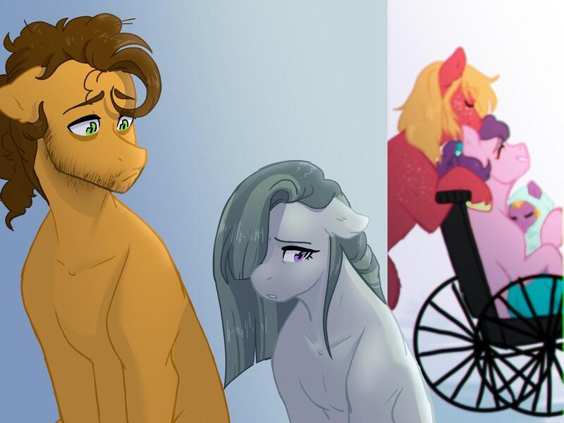 Size: 1280x960 | Tagged: safe, artist:vennyredmoon, deleted from derpibooru, derpibooru import, big macintosh, cheese sandwich, marble pie, sugar belle, pony, baby, baby pony, female, image, jpeg, male, marblesandwich, shipping, straight, sugarmac, wheelchair