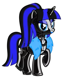 Size: 4535x5071 | Tagged: suggestive, artist:severity-gray, derpibooru import, oc, oc:coldlight bluestar, unofficial characters only, pony, unicorn, clothes, collar, corset, cutie mark, eyeshadow, feather, feather boa, hood, horn, latex, latex boots, latex socks, latex suit, lipstick, makeup, ponytail, posture collar, rubber, seductive, seductive look, seductive pose, shiny, simple background, smiling, socks, solo, squeaky, transparent background, trousers