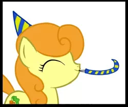 Size: 472x395 | Tagged: safe, derpibooru import, carrot top, golden harvest, earth pony, eyes closed, hat, noisemaker, party hat, reaction image, smiling