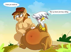 Size: 4000x2941 | Tagged: suggestive, artist:metalface069, derpibooru import, gilda, oc, oc:butternut, gryphon, belly, big belly, blushing, commission, dweeb, fat, female, gildapred, vore, your character here