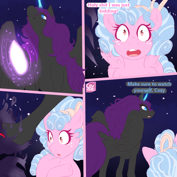 Size: 1500x1500 | Tagged: alicorn, artist:cev rosa, ask, ask dust rock, ask nyx, castle of the royal pony sisters, cozy glow, derpibooru import, everfree forest, idw reference, language, mild language, nightmare forces, oc, oc:nyx, safe, tumblr, vulgar