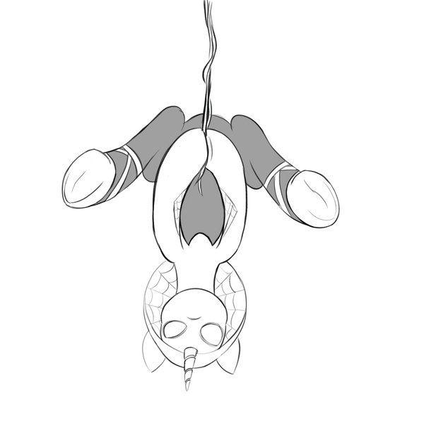 Size: 2000x2000 | Tagged: safe, artist:redquoz, derpibooru import, oc, ponified, monster pony, original species, pony, spiderpony, unicorn, atg 2020, clothes, costume, fanfic art, hanging, hanging upside down, hood, horn, looking at you, newbie artist training grounds, sketch, solo, spider-gwen, unicorn oc, upside down