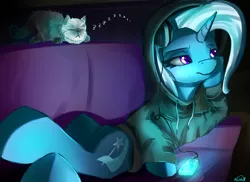 Size: 2750x2000 | Tagged: safe, artist:nixworld, derpibooru import, trixie, cat, pony, unicorn, bored, chillaxing, clothes, couch, fluffy, headphones, hoodie, mp3 player, music, relaxing, technology