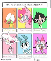 Size: 1080x1276 | Tagged: safe, artist:kaix09, derpibooru import, pinkie pie, oc, anthro, earth pony, frog, human, pony, robot, six fanarts, :d, angel dust, anthro with ponies, bust, buttercup (powerpuff girls), clothes, crossed arms, crossover, eyelashes, hazbin hotel, heterochromia, jenny wakeman, my life as a teenage robot, open mouth, smiling, starry eyes, the lego movie, the powerpuff girls, unikitty, wingding eyes
