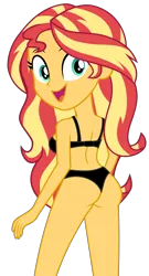 Size: 4479x8323 | Tagged: suggestive, artist:alandssparkle, derpibooru import, edit, vector edit, sunset shimmer, equestria girls, equestria girls series, sunset's backstage pass!, spoiler:eqg series (season 2), ass, black bra, black panties, black underwear, bra, breasts, bunset shimmer, butt, clothes, looking at you, looking back, looking back at you, panties, underwear, vector