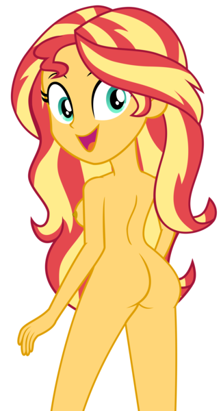 Size: 4479x8323 | Tagged: questionable, artist:alandssparkle, derpibooru import, edit, vector edit, sunset shimmer, equestria girls, equestria girls series, sunset's backstage pass!, spoiler:eqg series (season 2), ass, breasts, bunset shimmer, butt, female, looking at you, looking back, looking back at you, nipples, nudity, solo, vector