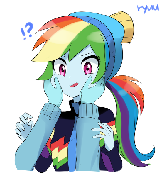 Size: 1150x1250 | Tagged: safe, artist:ryuu, derpibooru import, rainbow dash, equestria girls, equestria girls series, holidays unwrapped, spoiler:eqg series (season 2), anime, anime style, beanie hat, clothes, cute, dashabetes, gloves, jacket, offscreen character, squishy cheeks, winter