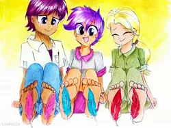 Size: 3086x2309 | Tagged: safe, artist:liaaqila, derpibooru import, mane allgood, scootaloo, snap shutter, equestria girls, barefoot, clothes, commission, crying, equestria girls-ified, eyes closed, family, father and child, father and daughter, feather, feet, female, fetish, foot fetish, jeans, laughing, lip bite, male, male feet, maneshutter, mother and child, mother and daughter, older, older scootaloo, open mouth, pants, shipping, shirt, shorts, skirt, soles, stifling laughter, straight, tears of laughter, tickle torture, tickling