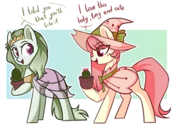 Size: 1280x920 | Tagged: safe, artist:cloud-fly, derpibooru import, oc, unofficial characters only, earth pony, pony, abstract background, cactus, clothes, commission, dialogue, duo, female, hat, mare, simple background, transparent background, witch hat, ych result