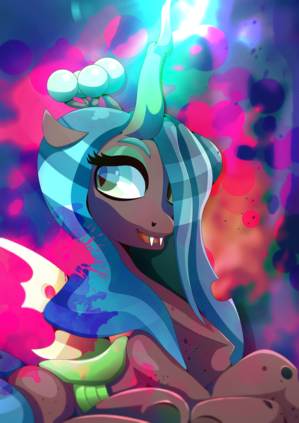 Size: 1358x1920 | Tagged: artist:rariedash, changeling, changeling queen, crown, derpibooru import, fangs, female, glowing horn, horn, jewelry, open mouth, queen chrysalis, regalia, safe, smiling, solo