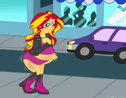 Size: 1280x996 | Tagged: suggestive, artist:necrofeline, derpibooru import, sunset shimmer, human, equestria girls, belly, belly button, belly expansion, big belly, blushing, boots, butt expansion, car, clothes, commission, dress, female, glow, growth, inflation, jacket, jewelry, leather jacket, looking at self, mannequin, midriff, pendant, sequence, shirt, shoes, shop window, skirt, smiling, solo, solo female, street, sun