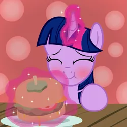 Size: 1235x1234 | Tagged: safe, artist:badumsquish, derpibooru import, twilight sparkle, twilight sparkle (alicorn), alicorn, pony, derpibooru, abstract background, blushing, borgarposting, burger, eating, eyes closed, female, food, happy, looking up, magic, meat, meta, plate, ponies eating meat, show accurate, solo, telekinesis, that pony sure does love burgers, twilight burgkle