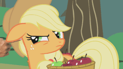 Size: 640x360 | Tagged: safe, derpibooru import, edit, edited screencap, editor:hotkinkajou, screencap, applejack, earth pony, human, pony, applebuck season, angry, animated, annoyed, annoying, apple, basket, cute, disembodied hand, female, floppy ears, food, gif, hand, jackabetes, madorable, mare, solo focus, this will end in pain