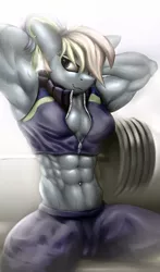 Size: 1650x2800 | Tagged: abs, alternate hairstyle, anthro, armpits, artist:rizzyofen, belly button, bodybuilder, breasts, buckball fan gear rainbow dash, clothes, derpibooru import, dumbbell (object), female, fit, gym, gym uniform, high res, jacket, muscles, muscular female, pants, pegasus, piercing, ponytail, rainbow dash, rainbuff dash, sexy, shirt, sitting, smiling, smirk, solo, solo female, suggestive, sweatpants, uniform, vein, vein bulge